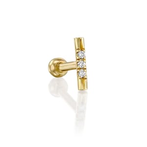 14K Solid Gold Three white diamond bar piercing earring SINGLE EARRING
