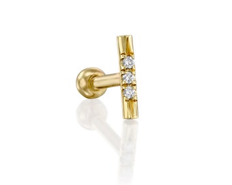 14K Solid Gold Three white diamond bar piercing earring SINGLE EARRING