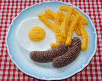 Knitting & Crochet Pattern for Sausage, Egg and Chips / Fries - Knitted Food, Play Food