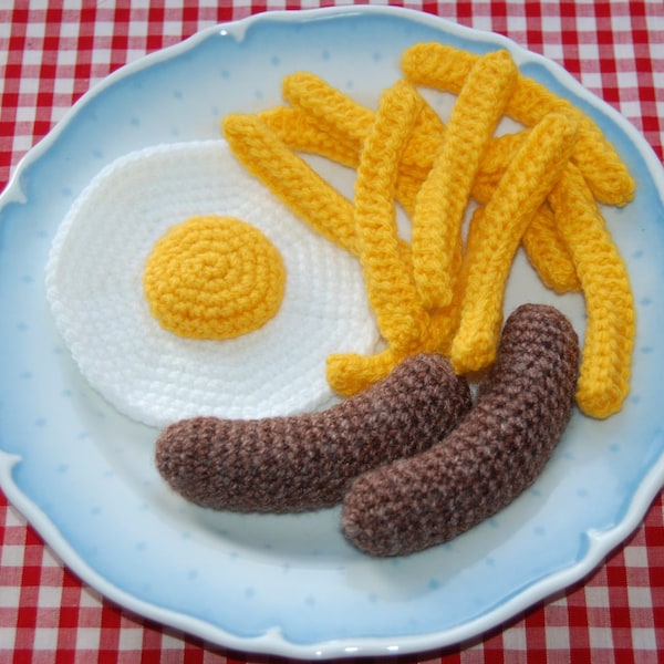 Knitting & Crochet Pattern for Sausage, Egg and Chips / Fries - Knitted Food, Play Food