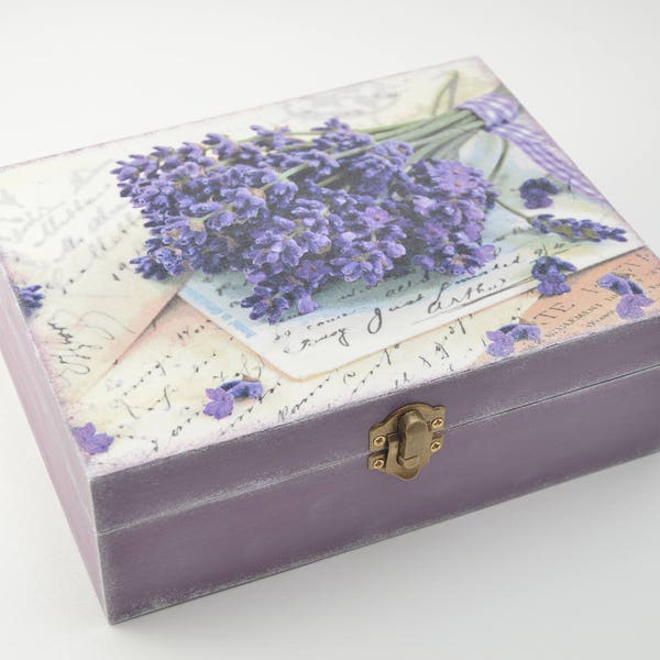 Decoupage tea box, jewelry box, wooden box, tea box, purple box, lavender box, lavender, decoupage box, shabby chic