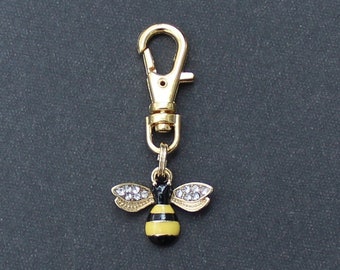 Bee Zipper Charm-Enamel-Yellow and Black-Rhinestone-Gold-Tone-TINY