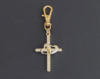 Cross Zipper Charm-Rhinestone-Gold Plated-Style 15-With Hearts-Larger Size