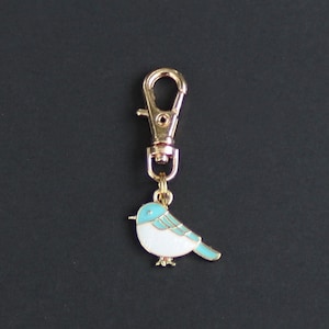 Bird Zipper Charm-Enamel-Gold-Tone-(Small Size Blue and White)