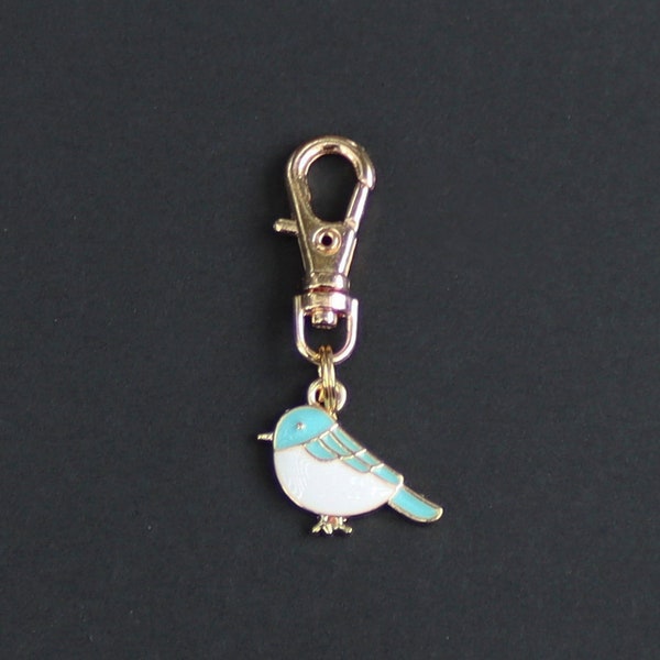 Bird Zipper Charm-Enamel-Gold-Tone-(Small Size Blue and White)-VERY TINY