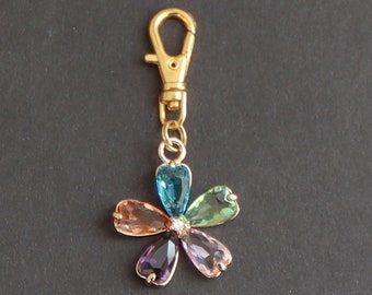 Flower Zipper Charm-Multi Color Crystals-Copper-Gold Plated
