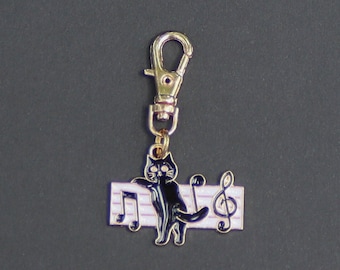 Cat Zipper Charm-Black Cat with Music Notes-Enamel-Gold-Tone