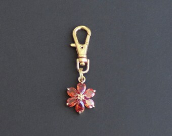 Flower Zipper Charm-Burnt Orange Color Crystals-Copper-Gold Plated