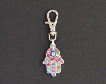 Hamsa Zipper Charm-Rhinestone-Silver Tone-Smaller Size