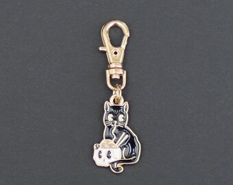 Cat Zipper Charm-Black Cat with Skull-Enamel-Gold-Tone