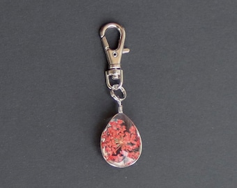 Dried Flower Zipper Charm-Oval Under Acrylic-Red/Orange Flowers-Silver Clasp