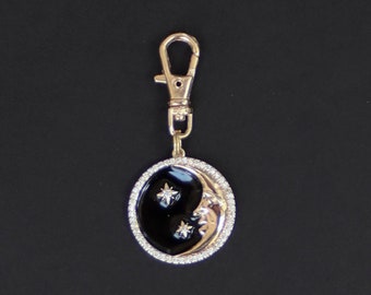 Celestial Moon and Stars Zipper Charm-Enamel-Rhinestone-Gold Plated Copper