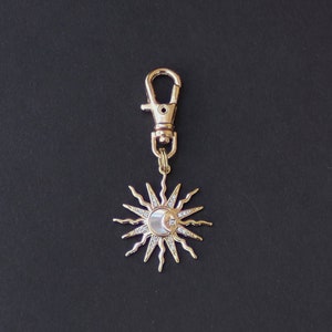 Celestial Sun Zipper Charm-Copper-Gold Plate And Rhinestone With Shell Moon