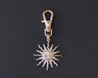 Celestial Sun Zipper Charm-Copper-Gold Plate And Rhinestone With Shell Moon