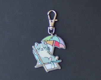 Cat Zipper Charm-Cat in Beach Chair-ACRYLIC-Double Sided-Silver-Tone Clasp