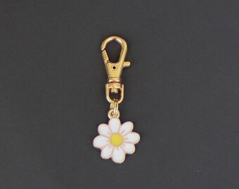 Daisy Zipper Charm-Flower-Zipper Charm-White Enamel-Gold Tone-Smaller Size