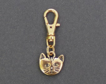 Cat Zipper Charm-Kitty-Cat Face-Zipper Charm-Antique Gold Pewter