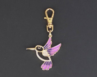 Hummingbird Zipper Charm-Rhinestone-Enamel-Gold Plated-Purple