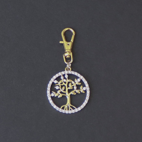 Tree of Life Zipper Charm-Rhinestone-Gold Plated