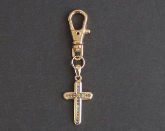 Cross Zipper Charm-Religious-Copper with Gold Plate-Multi Colored Rhinestones