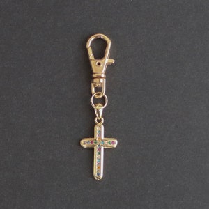 Cross Zipper Charm-Religious-Copper with Gold Plate-Multi Colored Rhinestones