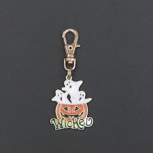Jack-O&#39;-Lantern Zipper Charm-With Ghosts-Enamel-Gold-Tone