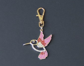 Hummingbird Zipper Charm-Rhinestone-Enamel-Gold Plated-Pink