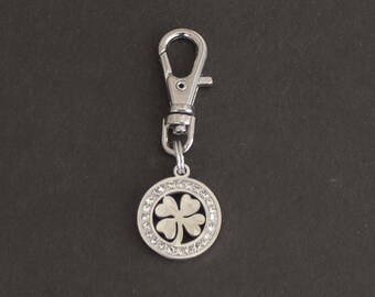 Shamrock Zipper Charm-Four Leaf Clover-St. Patrick's Day-Stainless Steel-Rhinestone-Silver-TINY