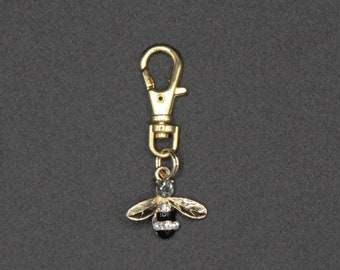 Bee Zipper Charm-Enamel-Rhinestone-Gold-Tone-VERY TINY