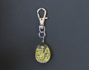 Dried Flower Zipper Charm-Oval Under Acrylic-Yellow Flowers-Silver Clasp