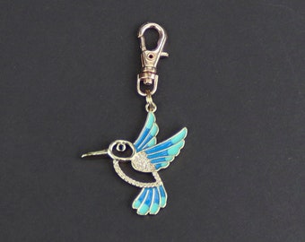 Hummingbird Zipper Charm-Rhinestone-Enamel-Gold Plated-Blue