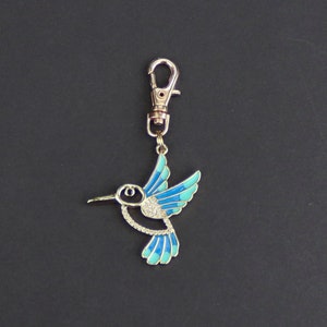 Hummingbird Zipper Charm-Rhinestone-Enamel-Gold Plated-Blue