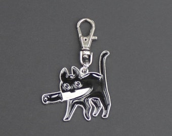 Cat Zipper Charm-Evil Cat Startled Eyes-Silver-Tone