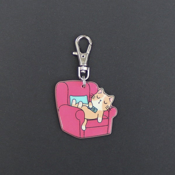 Cat Zipper Charm-Cat on Couch-ACRYLIC-Double Sided-Silver-Tone Clasp