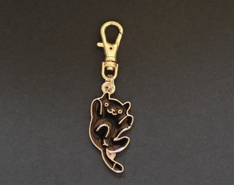 Cat Zipper Charm-Black Enamel-Gold-Tone