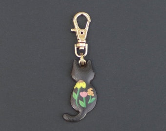 Cat Zipper Charm-Black With Flowers-Gold-Tone