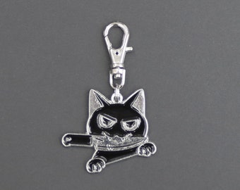 Cat Zipper Charm-Evil Cat with Knife-Silver-Tone