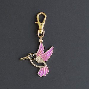 Hummingbird Zipper Charm-Rhinestone-Enamel-Gold Plated-Pink and Purple
