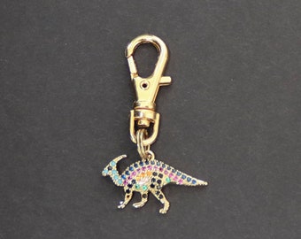 Dinosaur Zipper Charm-Parasaurolophus-Zipper Charm-Rhinestone-Gold-Plated-VERY TINY