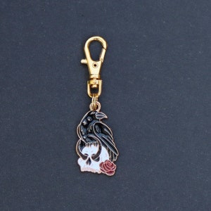 Crow/Raven-Black Crow with Skull Zipper Charm-Enamel-Gold-Tone