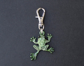 Frog Zipper Charm-Green Rhinestone-Silver-Tone