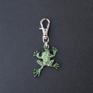 Frog Zipper Charm-Green Rhinestone-Silver-Tone