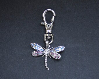 Dragonfly Zipper Charm-Rhinestone Pink and Blue-Silver-Tone