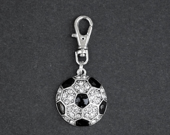 Soccer Ball Zipper Charm-Rhinestone-Silver-Tone