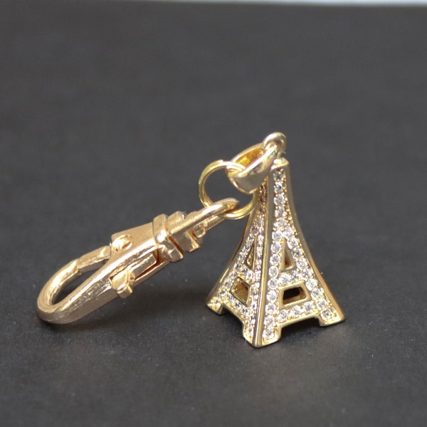 Eiffel Tower Zipper Charm-Gold Plated-Rhinestone-3D