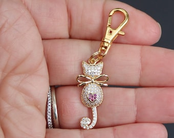 Cat Zipper Charm-Rhinestone-Red Heart-Gold Plated