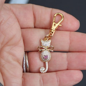 Cat Zipper Charm-Rhinestone-Red Heart-Gold Plated image 1