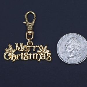 Christmas Zipper Charm-MERRY CHRISTMAS-Gold-Tone-Style 2 With Holly
