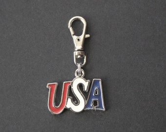 Patriotic Zipper Charm-USA Zipper Charm-Enamel-Silver-Tone