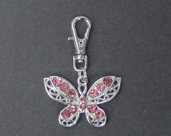 Butterfly Zipper Charm-Mauve Rhinestone-Silver Tone